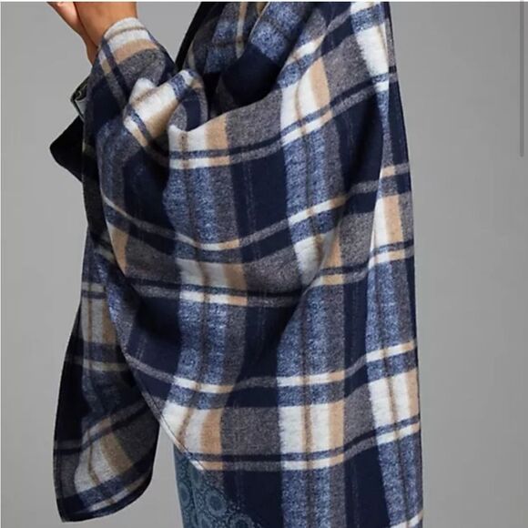NWT Anthropologie Mixed Plaid Poncho Navy One Size #030 - Picture 2 of 3